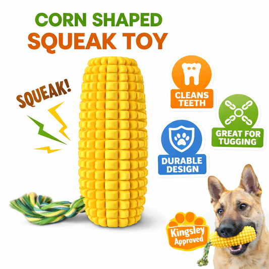 Corn-shaped squeaky dog chew toy with rope for tugging and chewing