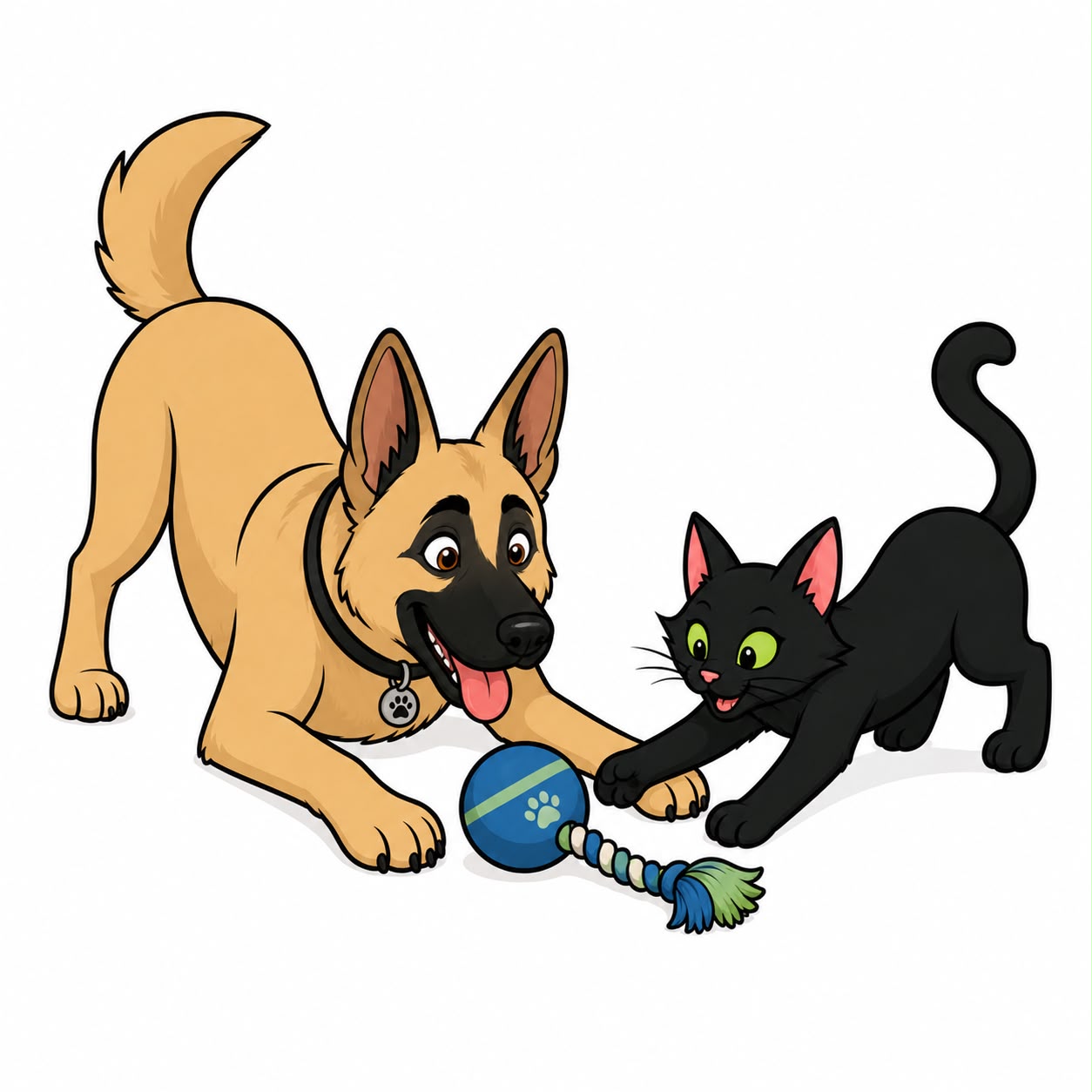 Kingsley the German Shepherd and Cat playing together with a ball toy