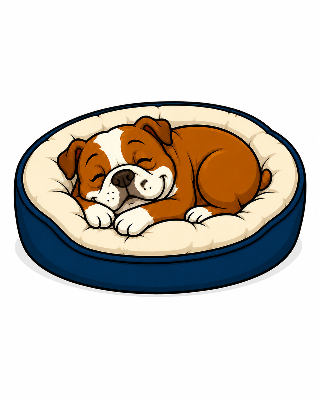 Duchess the bulldog napping in a cozy pet bed