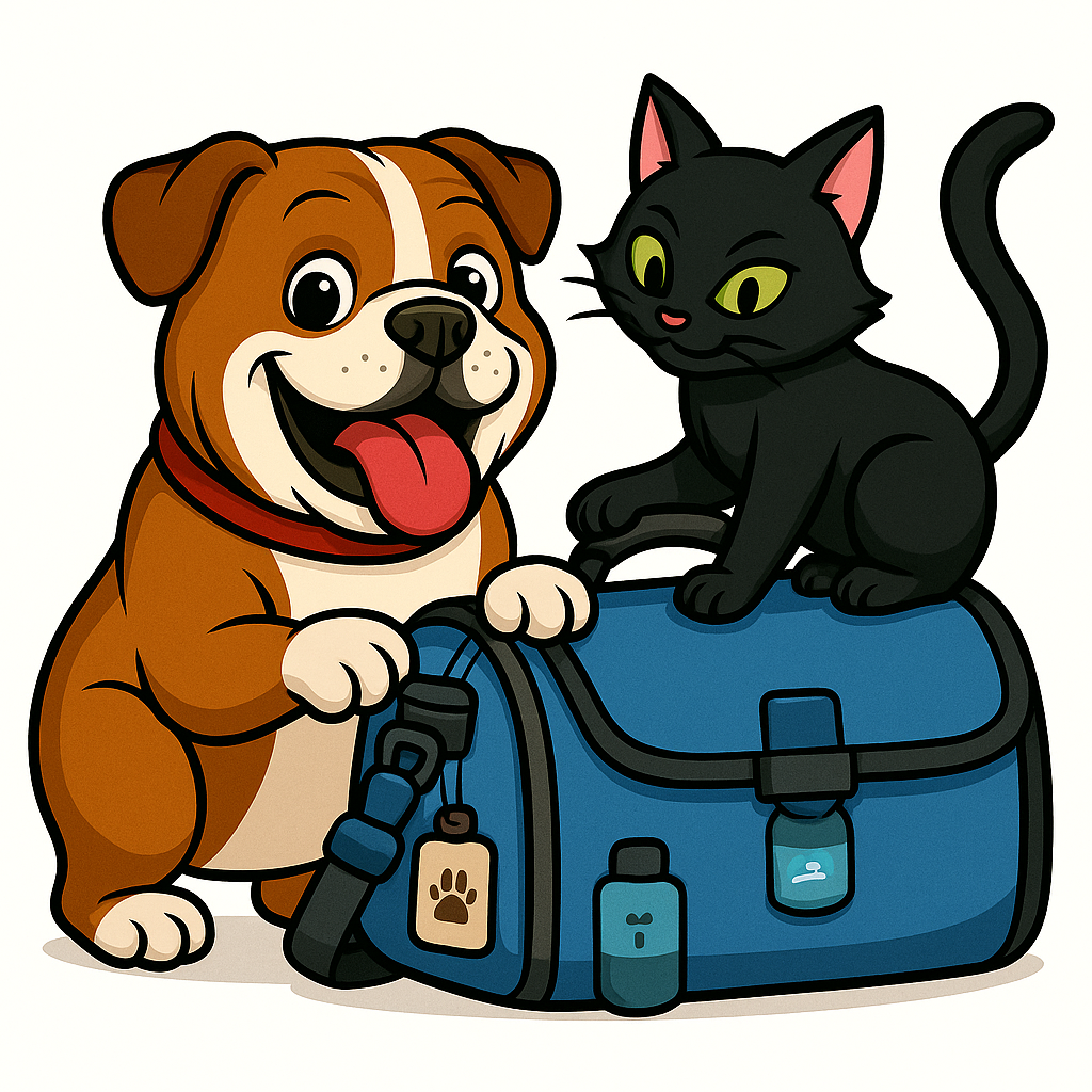 Cartoon of Duchess the bulldog and Cat from The FurEver Friends Store sitting with a blue travel bag, representing the Travel Tails collection.