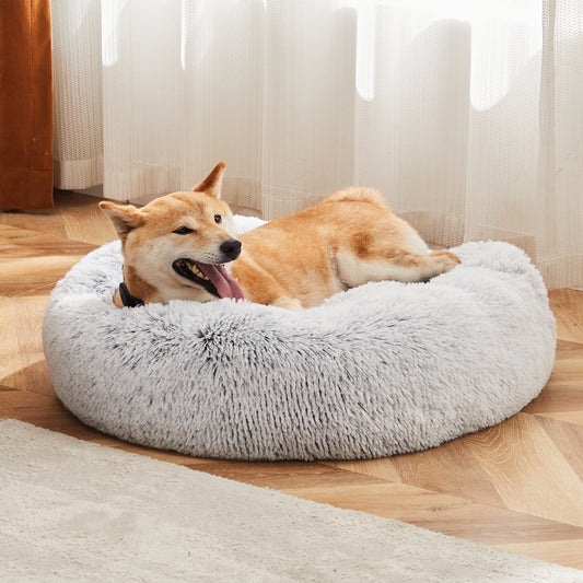 Fluffy Donut Calming Pet Bed – Plush Anti-Slip Round Dog & Cat Bed