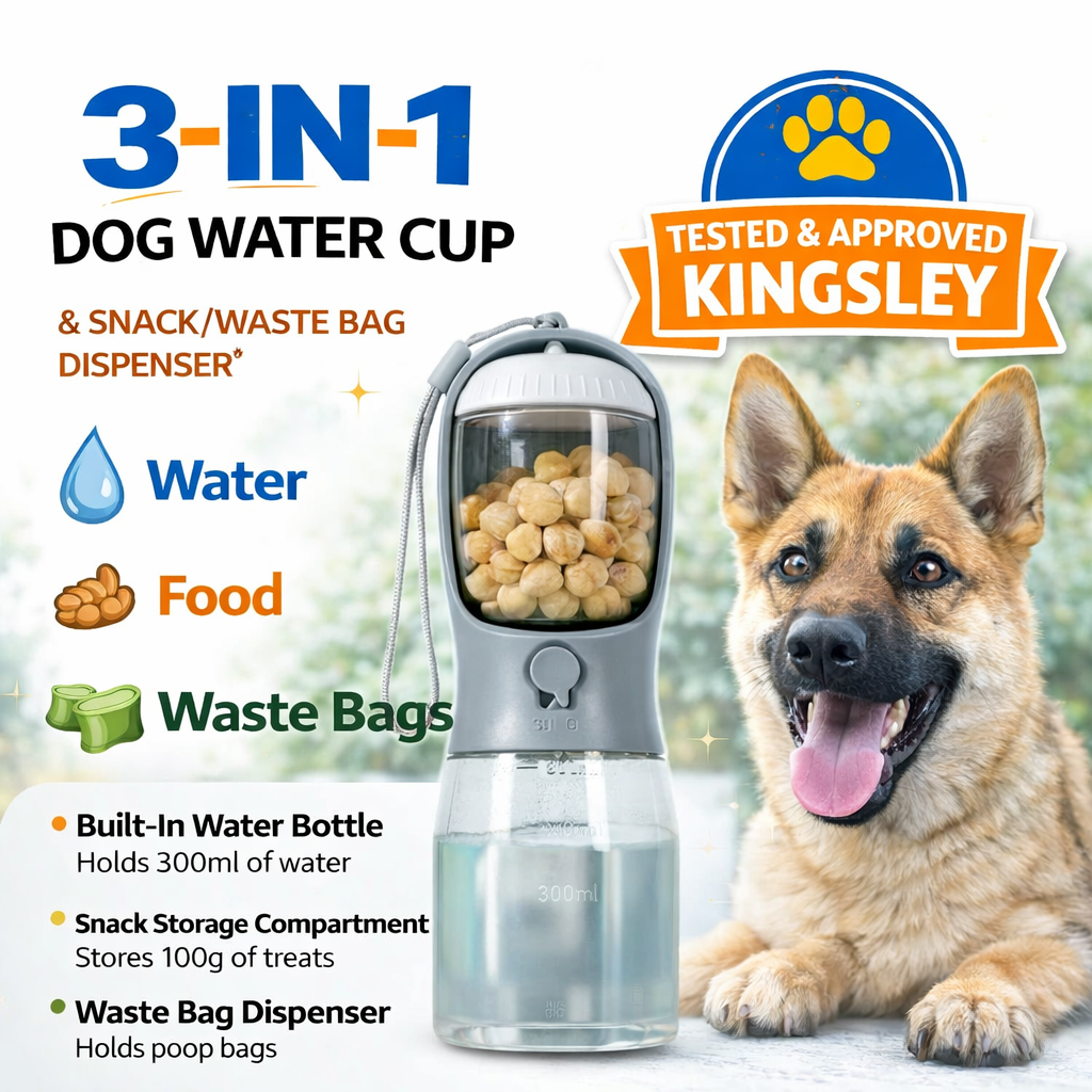3-in-1 Portable Dog Travel Water Bottle with Food Container & Waste Bag Dispenser