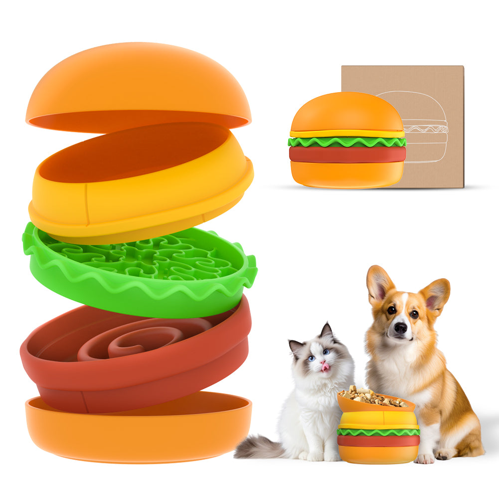 5-in-1 Burger Stack Pet Feeding Station – Slow Feeder, Lick Mat & Non-Slip Dog & Cat Bowl Set