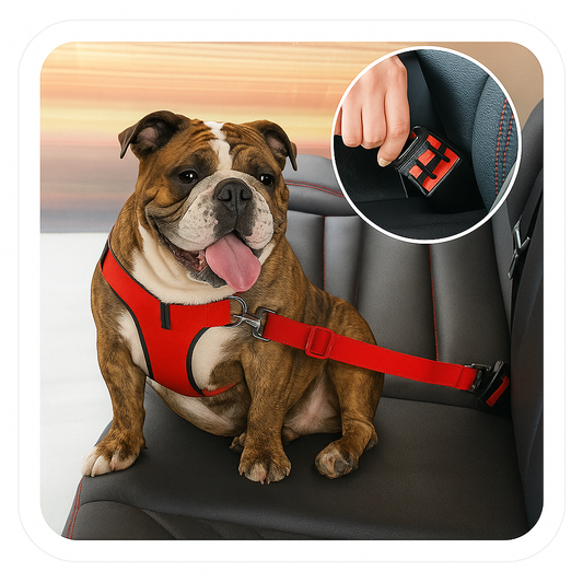 English Bulldog ‘Duchess’ wearing a red harness and buckled into an adjustable pet car seat belt on a quilted back seat — safe, comfy travel.