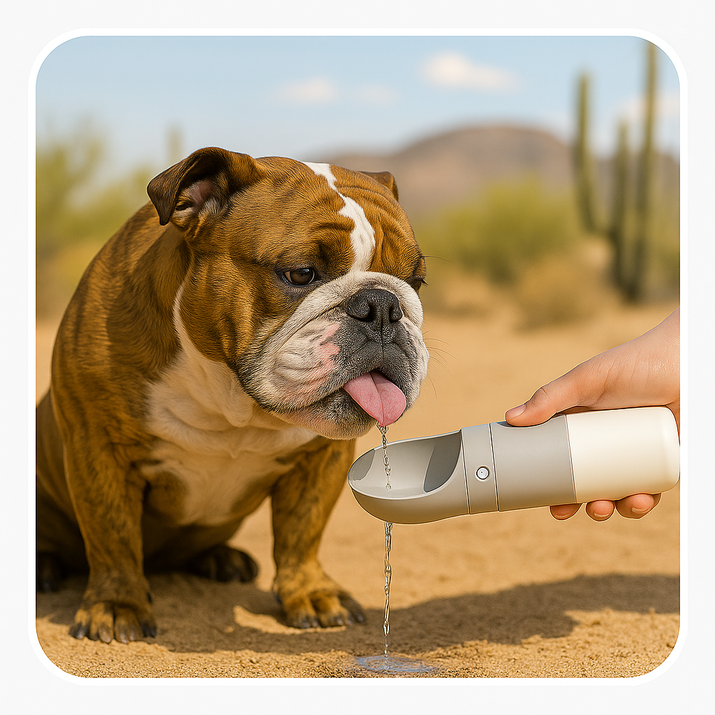 Duchess the Bulldog using the INSTACHEW Rover 2-in-1 Pet Travel Bottle outdoors — water and snacks in one for happy travels.