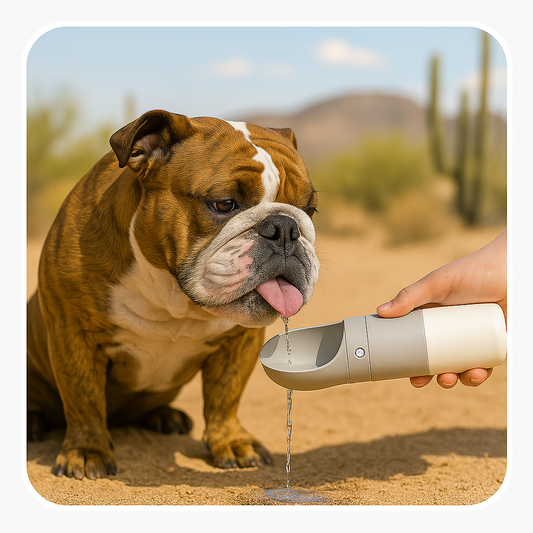 Duchess the Bulldog using the INSTACHEW Rover 2-in-1 Pet Travel Bottle outdoors — water and snacks in one for happy travels.