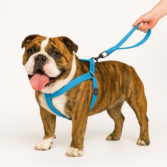 No-pull reflective dog harness and matching leash shown in everyday use for easy, controlled walks.