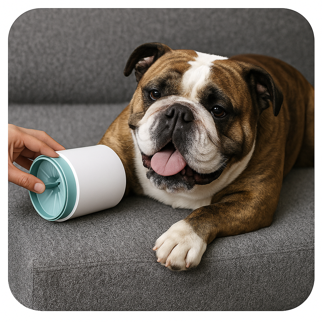 English Bulldog Duchess using the Portable Pet Paw Cleaner Cup — gentle paw cleaning for dogs, top pick from Duchess & Cat.
