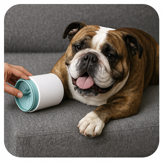 English Bulldog Duchess using the Portable Pet Paw Cleaner Cup — gentle paw cleaning for dogs, top pick from Duchess & Cat.