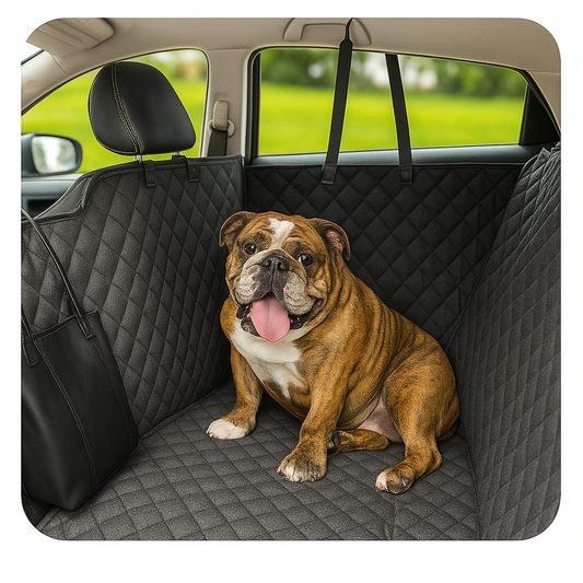 Duchess the bulldog relaxing on The FurEver Friends Store Waterproof Pet Car Seat Cover — stylish, comfy, and travel-ready for every furry adventure