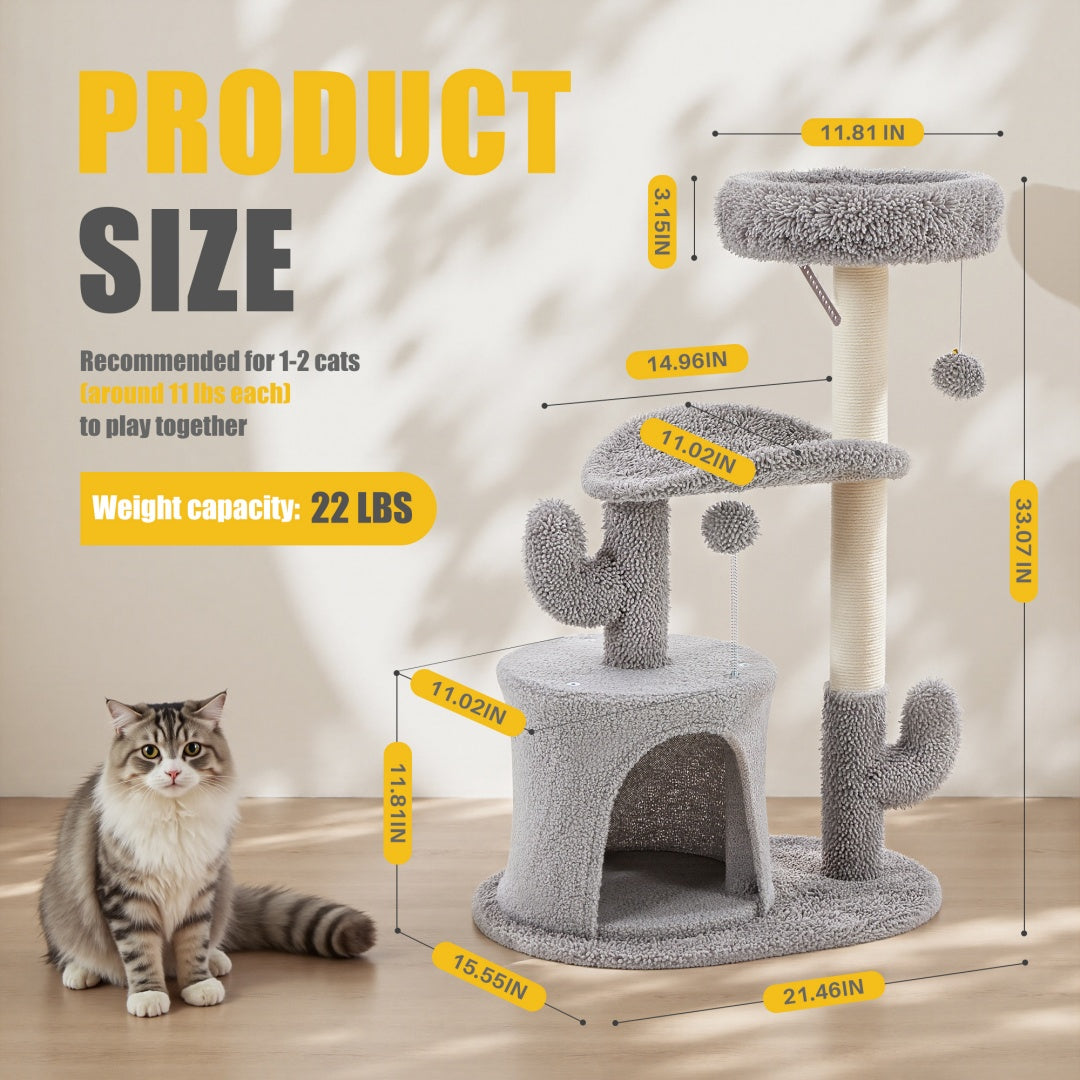 Cactus Cat Tree Tower with Scratching Post & Hanging Toys