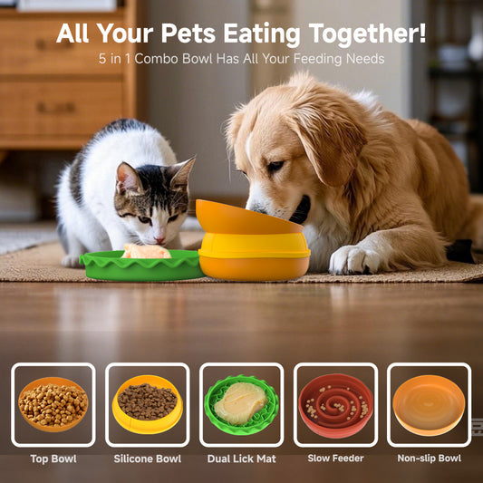 5-in-1 Burger Stack Pet Feeding Station – Slow Feeder, Lick Mat & Non-Slip Dog & Cat Bowl Set