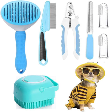 Pet Grooming Kit for Dogs & Cats – Self-Cleaning Slicker Brush, Nail Clippers & Bath Brush (7-Piece Set)