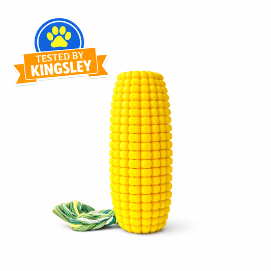 Corn-shaped squeaky dog chew toy with rope for tugging and chewing