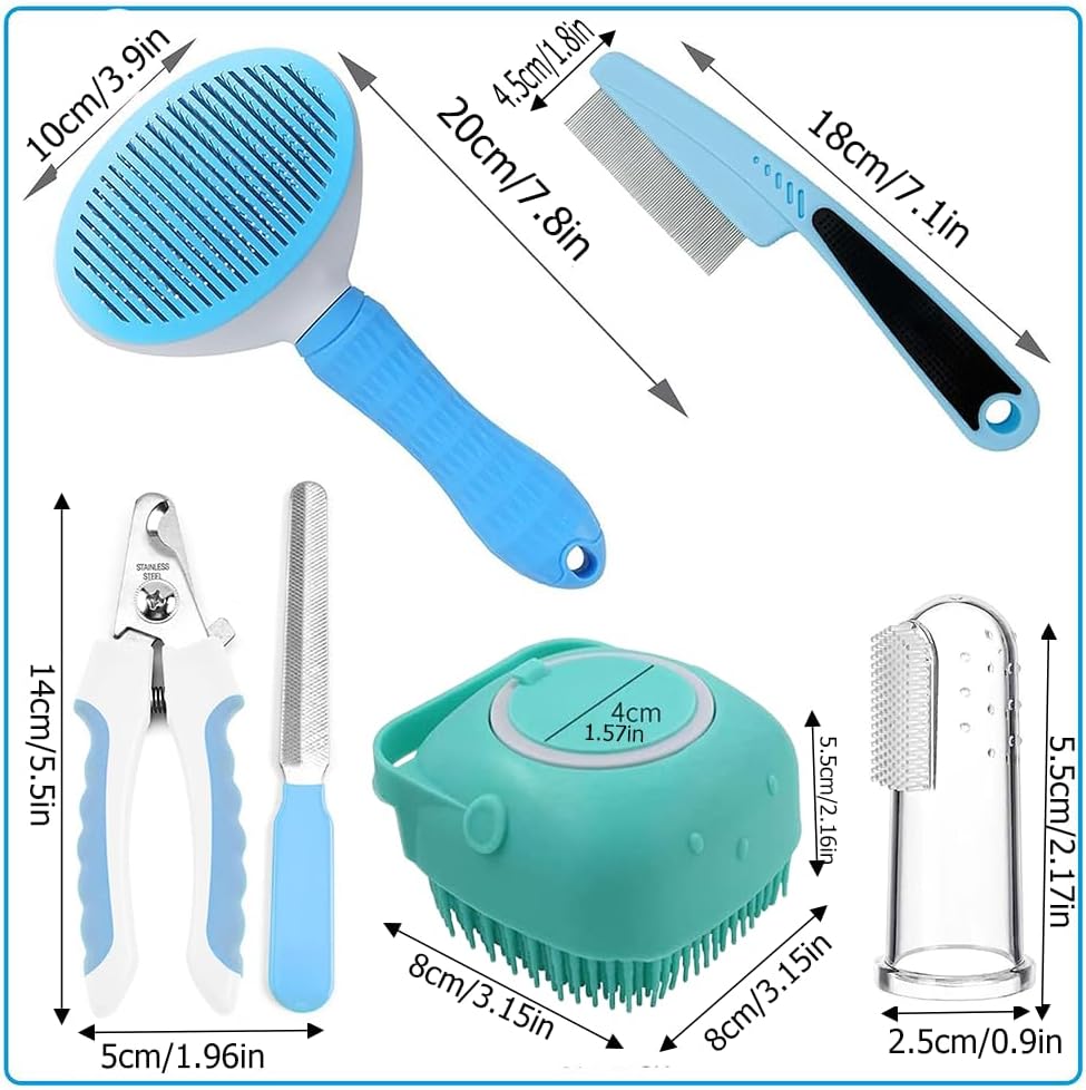 Pet Grooming Kit for Dogs & Cats – Self-Cleaning Slicker Brush, Nail Clippers & Bath Brush (7-Piece Set)