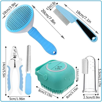 Pet Grooming Kit for Dogs & Cats – Self-Cleaning Slicker Brush, Nail Clippers & Bath Brush (7-Piece Set)