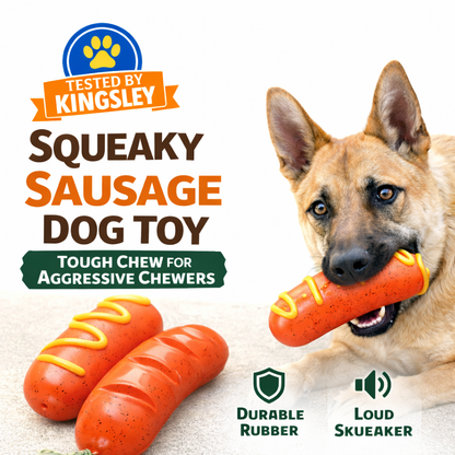 German Shepherd Kingsley testing squeaky sausage dog toy for aggressive chewers