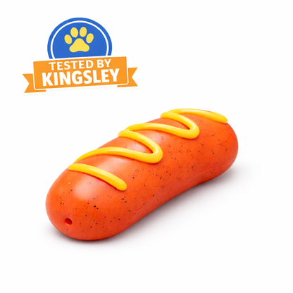 Orange squeaky sausage dog chew toy for aggressive chewers