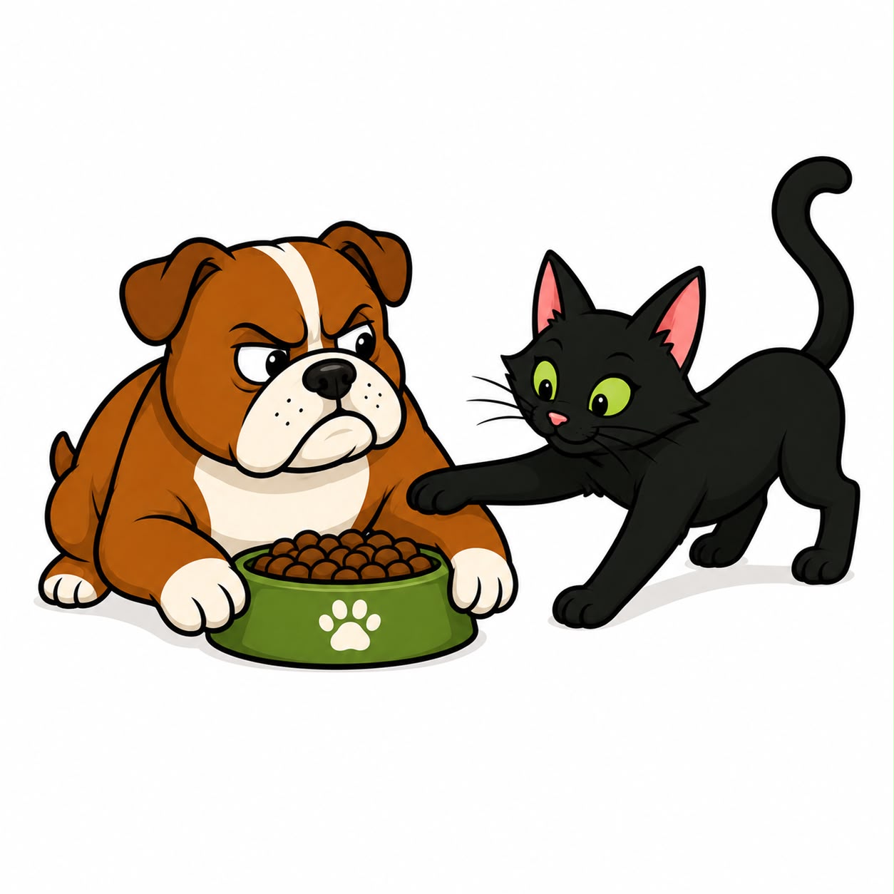 Cat reaching for Duchess's food while Duchess guards her bowl
