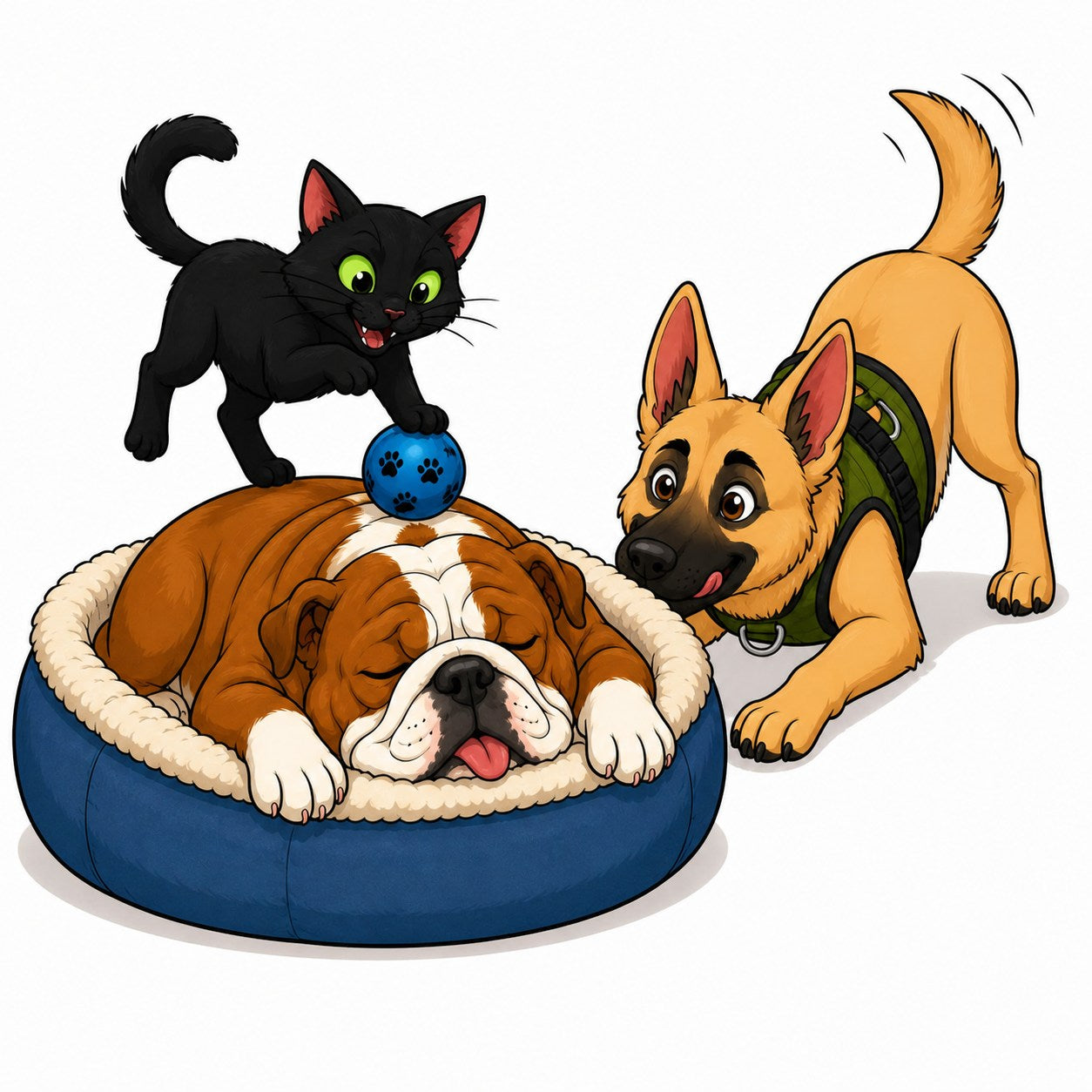 Duchess sleeping while Cat and Kingsley try to play quietly
