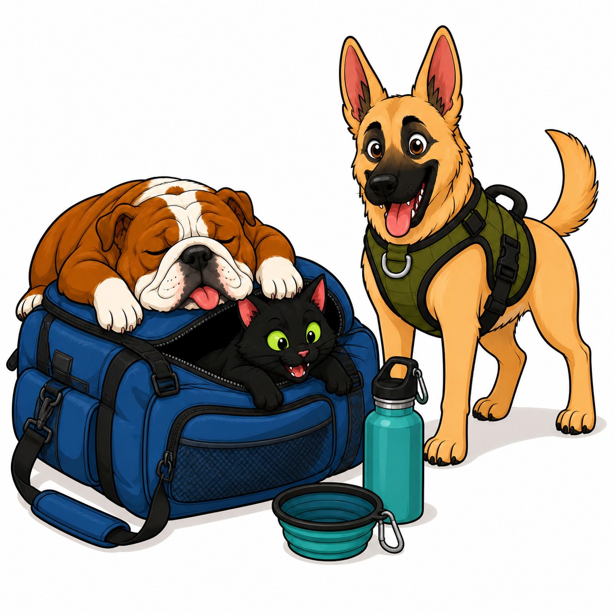 Duchess, Cat and Kingsley packed around a blue travel bag