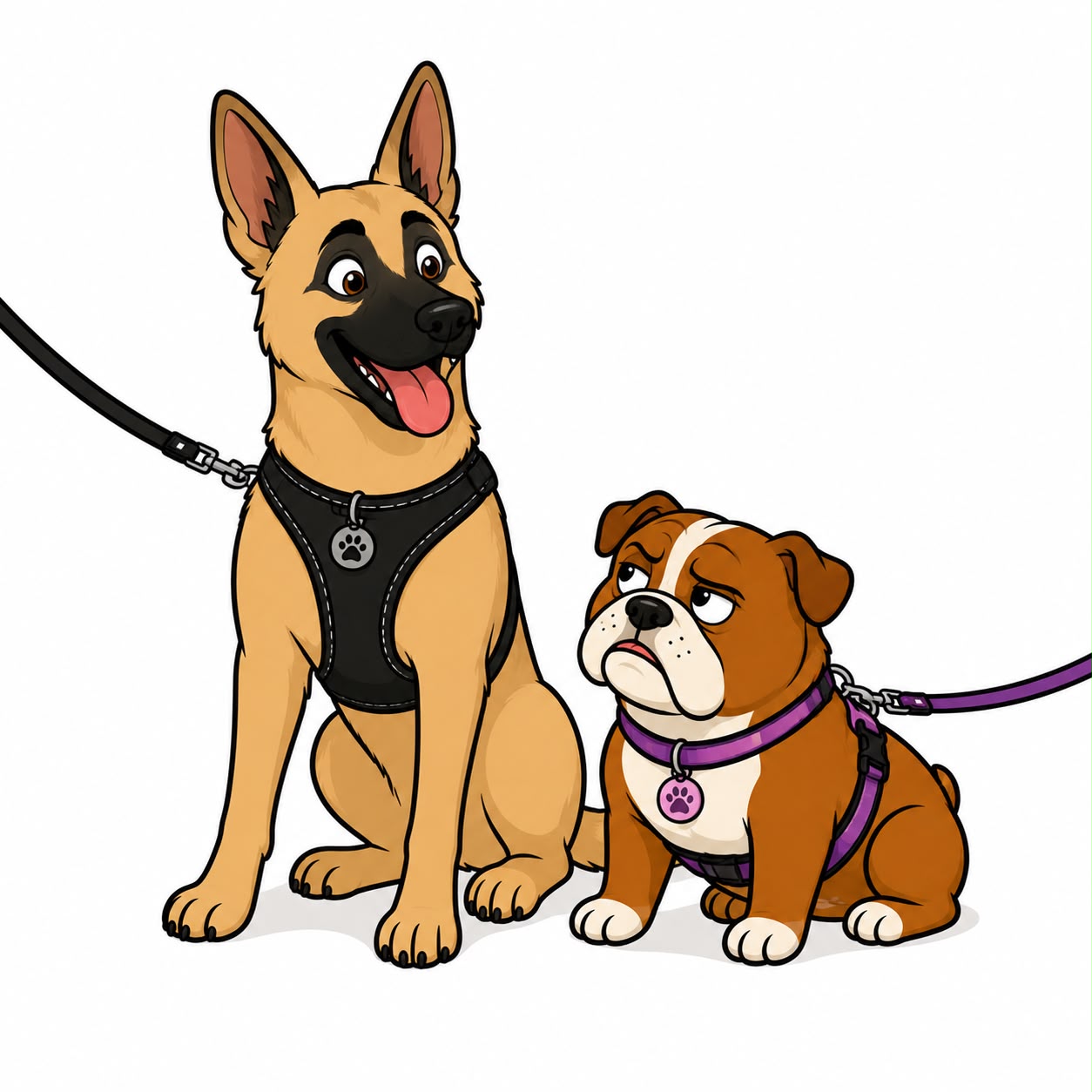 Kingsley and Duchess sitting together in their walking harnesses