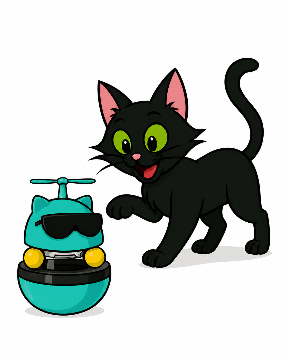 Cat playing beside a teal toy for the Play All Day collection