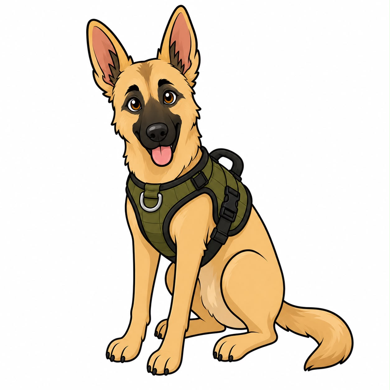 Kingsley the German Shepherd wearing a green adventure harness