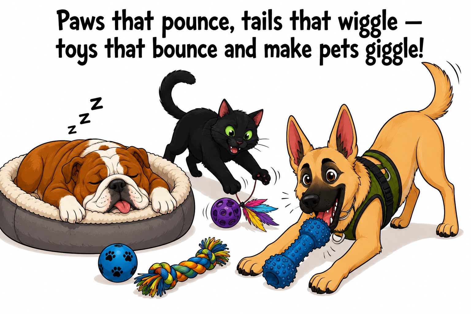 Duchess napping while Cat and Kingsley play under the words Paws that pounce, tails that wiggle — toys that bounce and make pets giggle!